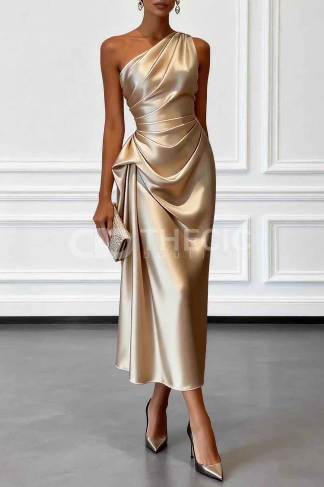 Asymmetric Draped Satin One-Shoulder Midi Dress