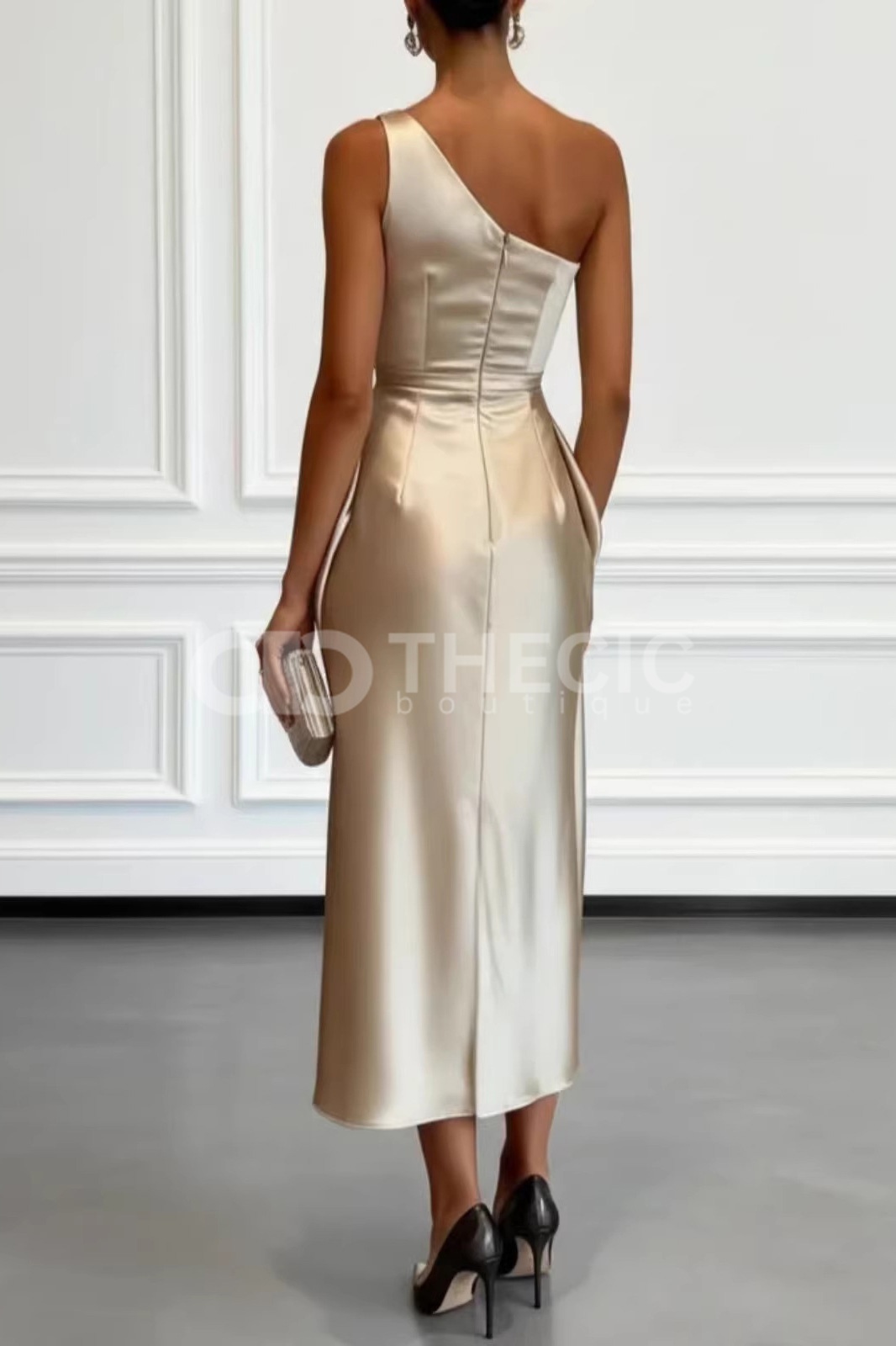 Asymmetric Draped Satin One-Shoulder Midi Dress