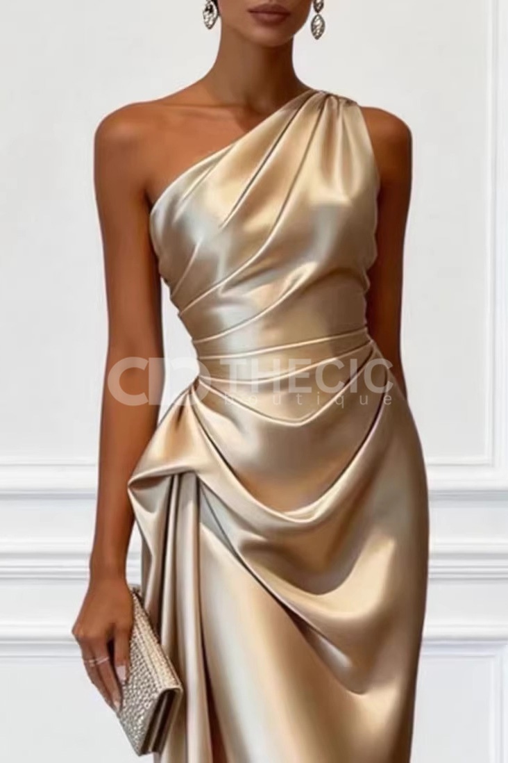 Asymmetric Draped Satin One-Shoulder Midi Dress