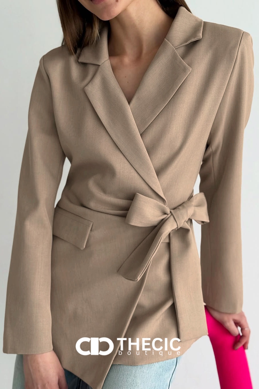Asymmetric Hem Tie-Waist Wrap Blazer