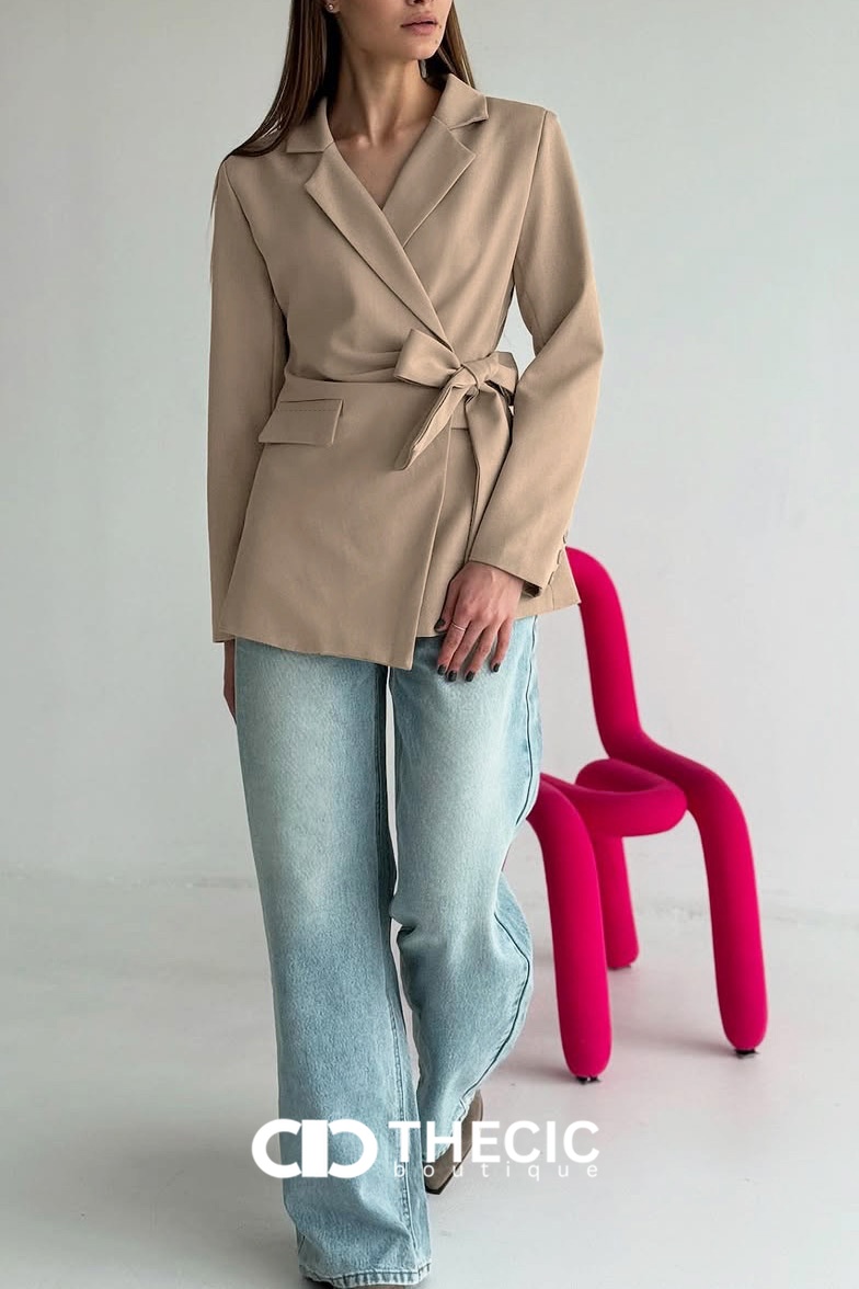 Asymmetric Hem Tie-Waist Wrap Blazer
