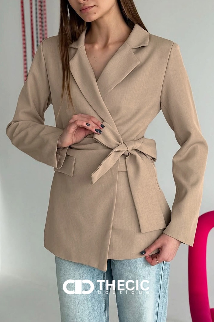 Asymmetric Hem Tie-Waist Wrap Blazer