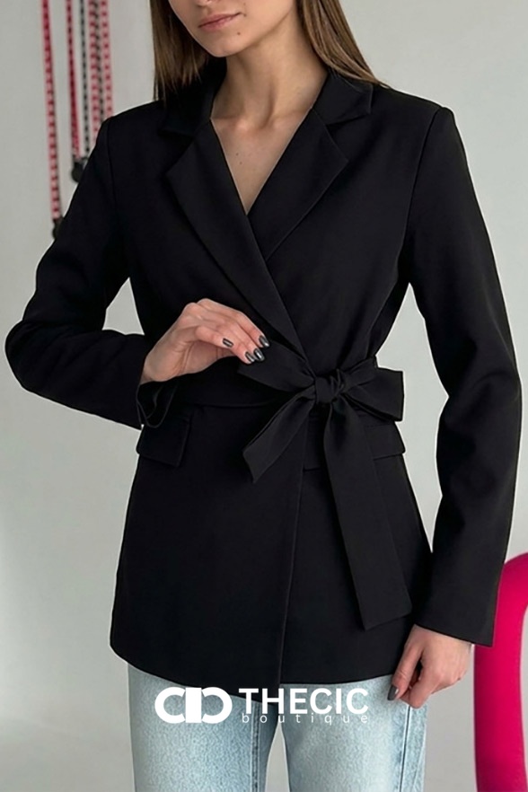 Asymmetric Hem Tie-Waist Wrap Blazer