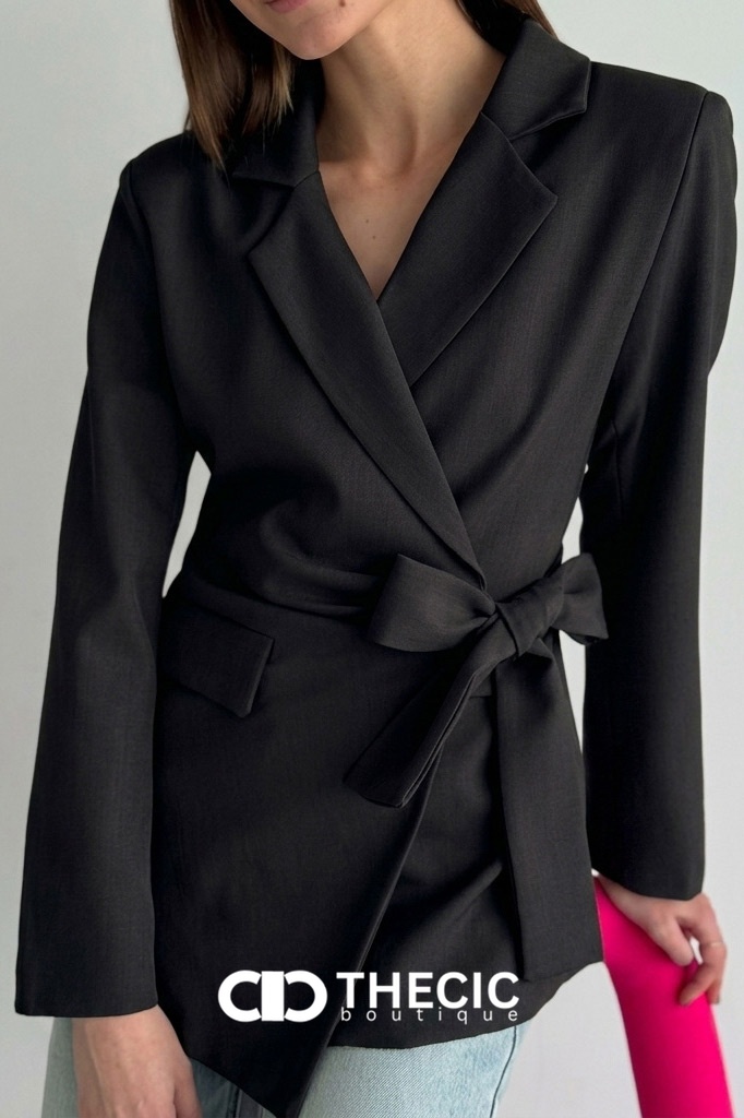 Asymmetric Hem Tie-Waist Wrap Blazer