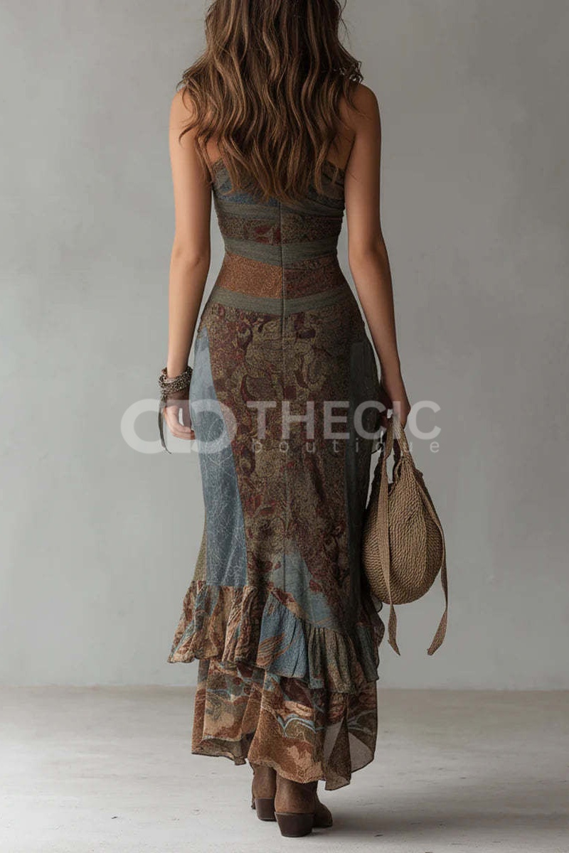 Asymmetrical One-Shoulder Patchwork Ruffle Maxi Dress