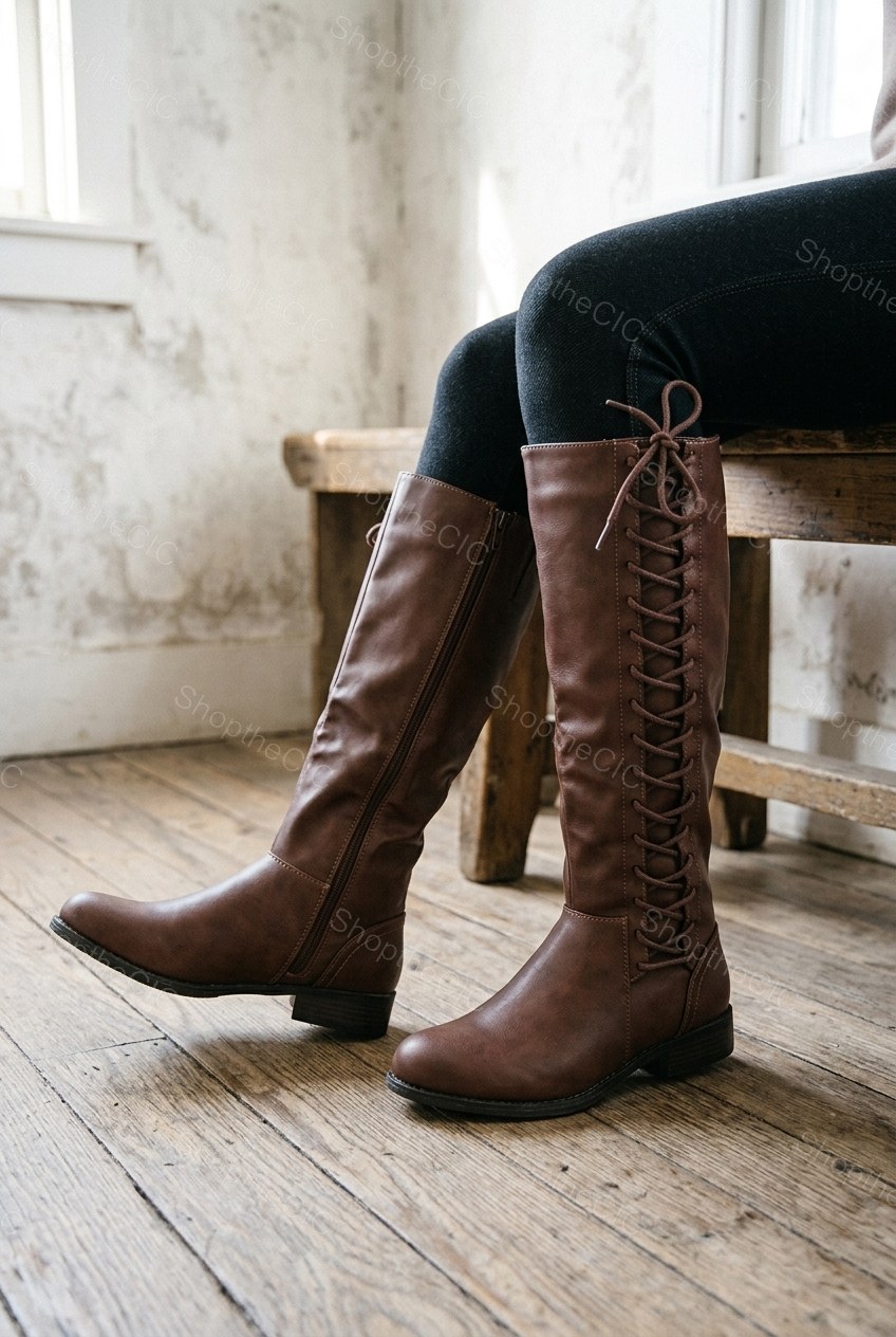 Back Lace-Up Low Block Heel Knee-High Boots