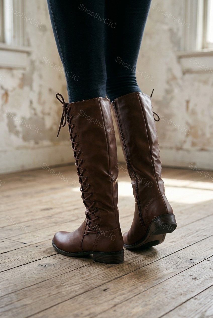 Back Lace-Up Low Block Heel Knee-High Boots
