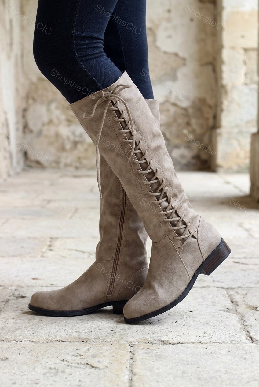 Back Lace-Up Low Block Heel Knee-High Boots