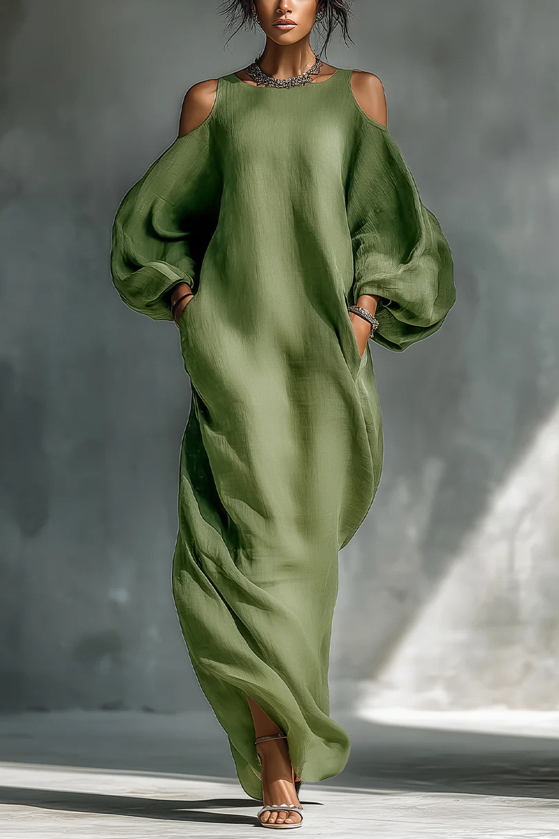 Billowing Cold-Shoulder Balloon Sleeve Maxi Dress