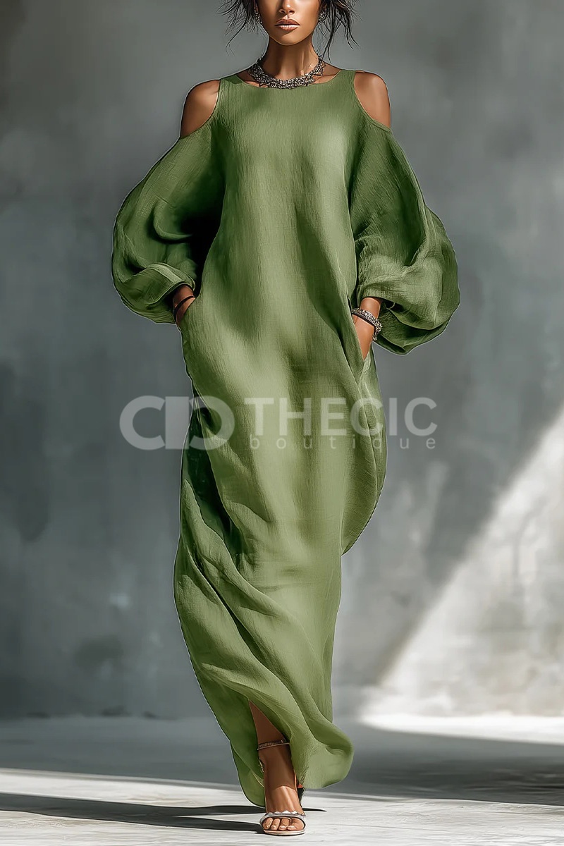 Billowing Cold-Shoulder Balloon Sleeve Maxi Dress