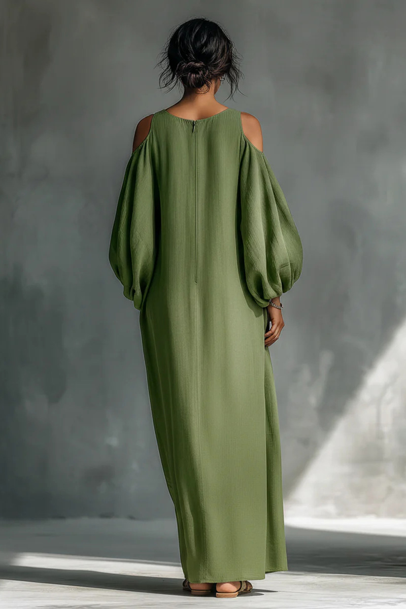 Billowing Cold-Shoulder Balloon Sleeve Maxi Dress