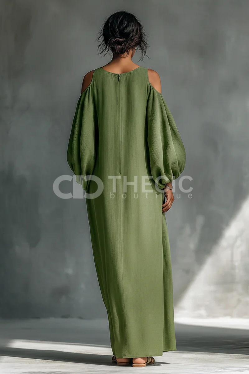 Billowing Cold-Shoulder Balloon Sleeve Maxi Dress