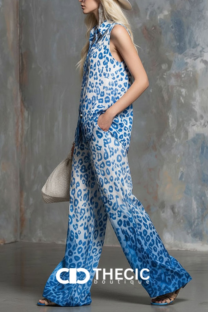 Blue Leopard Print Sleeveless Wide-Leg Two-Piece Set