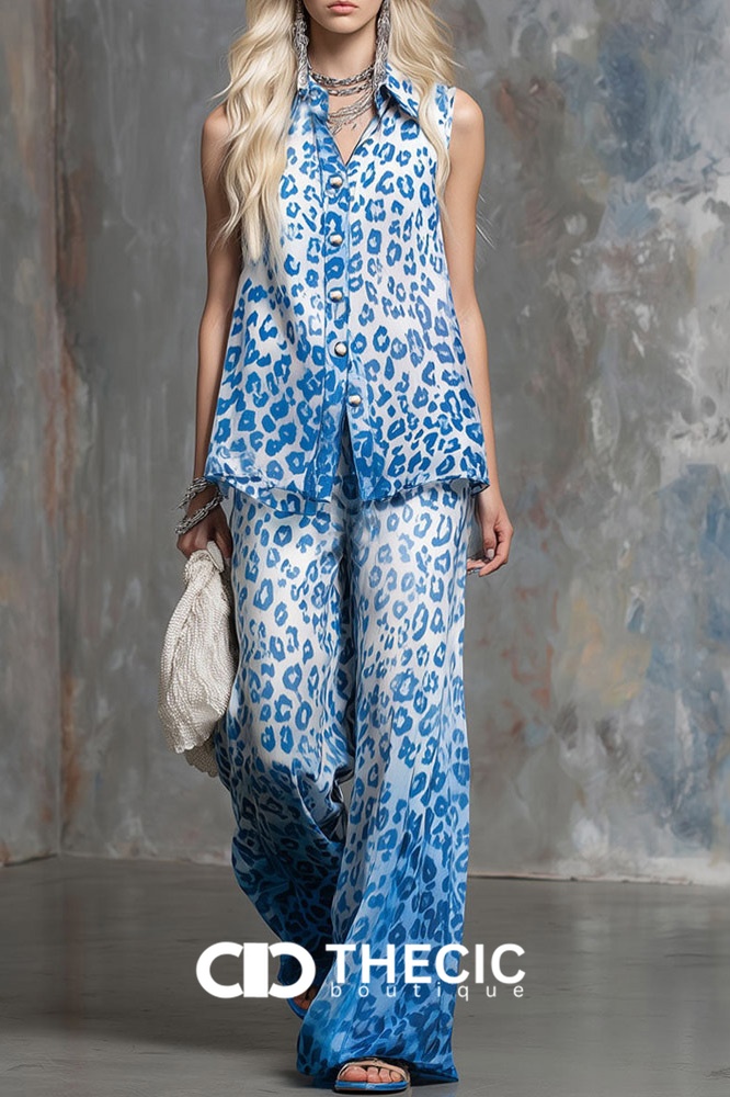 Blue Leopard Print Sleeveless Wide-Leg Two-Piece Set
