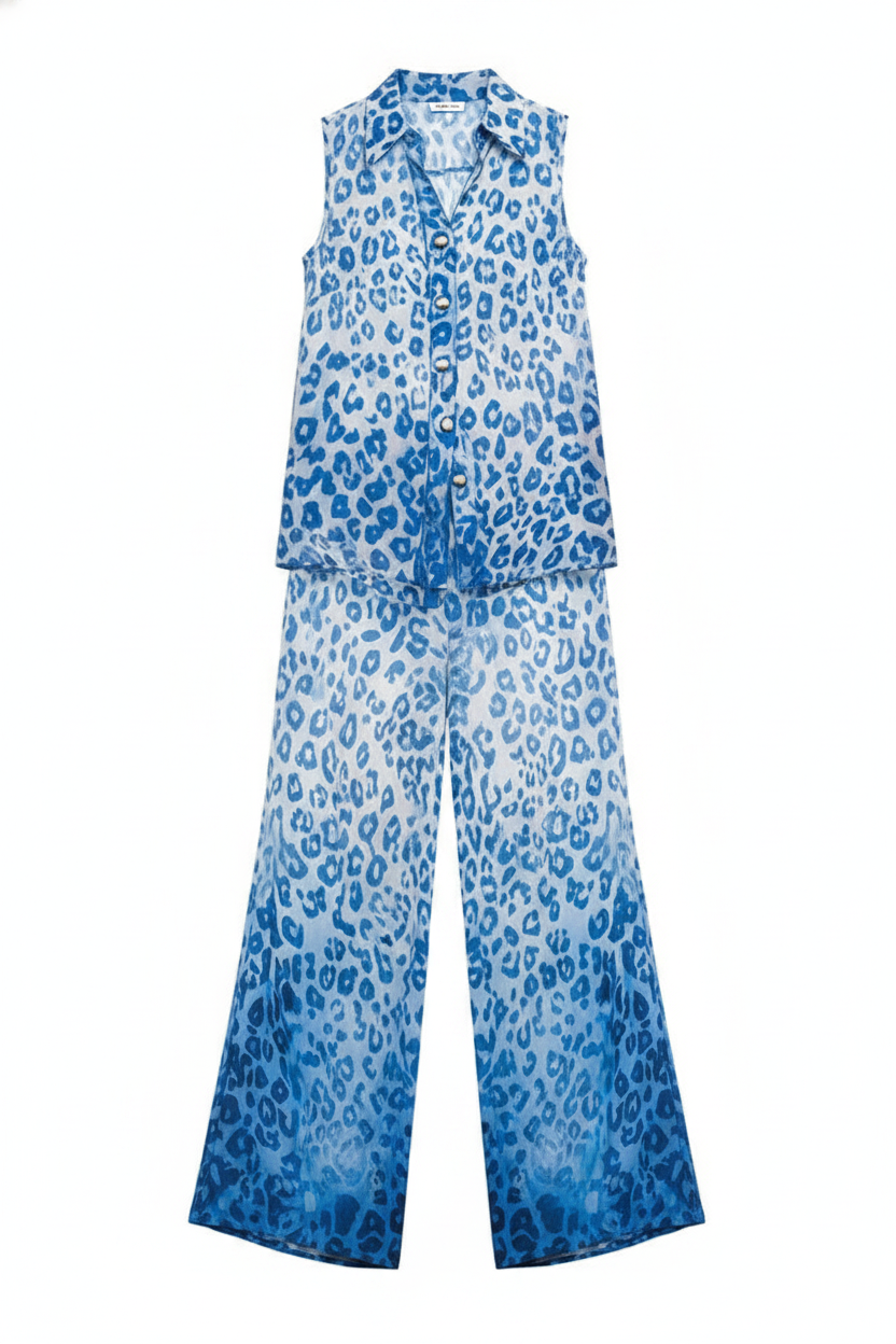 Blue Leopard Print Sleeveless Wide-Leg Two-Piece Set