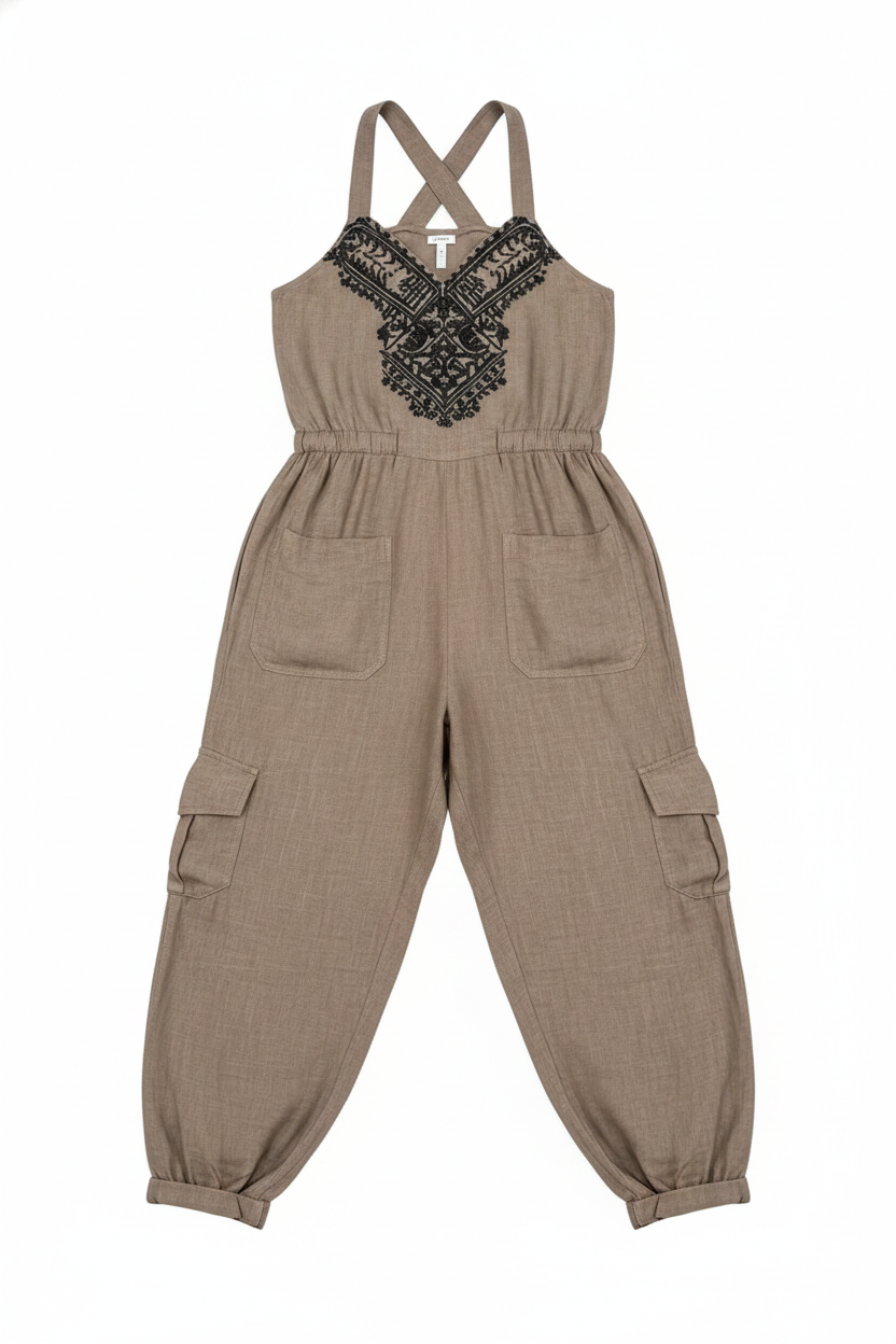 Bohemian Embroidered Halter Neck Cargo Jumpsuit