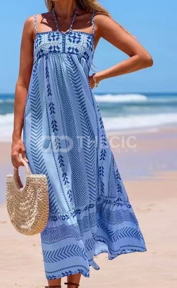 Bohemian Embroidered Tiered Flowy Maxi Dress