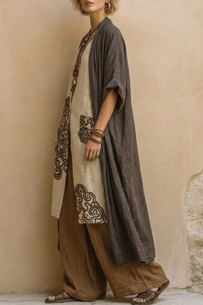 Boho Print Linen Blend Tunic Wide-Leg Pants Set
