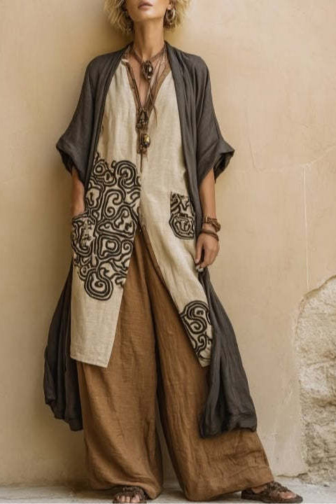 Boho Print Linen Blend Tunic Wide-Leg Pants Set