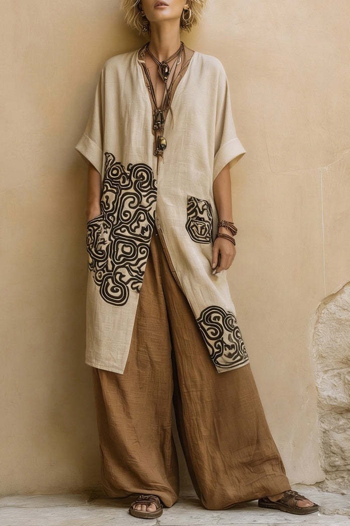 Boho Print Linen Blend Tunic Wide-Leg Pants Set