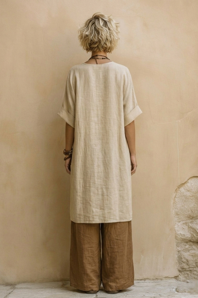 Boho Print Linen Blend Tunic Wide-Leg Pants Set