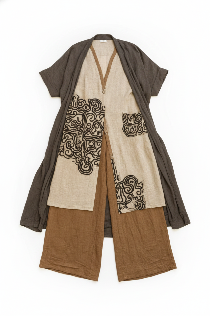 Boho Print Linen Blend Tunic Wide-Leg Pants Set