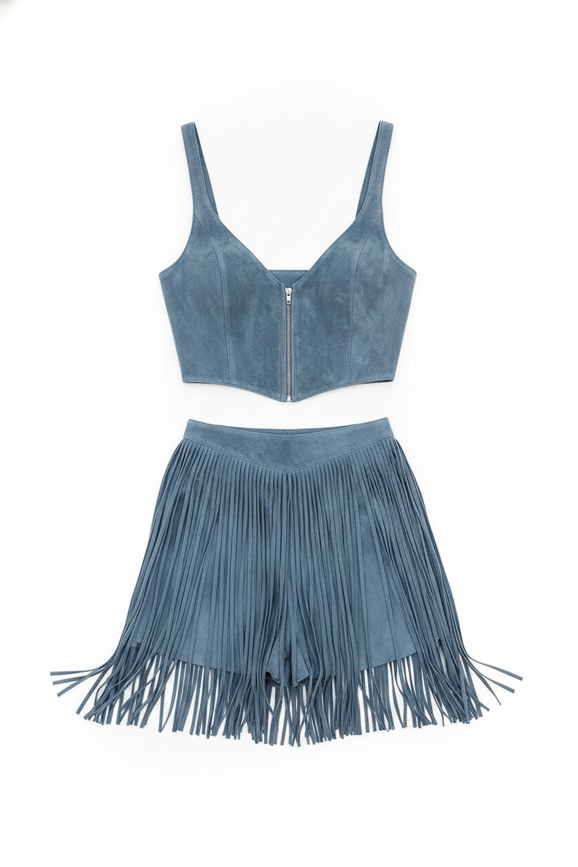 Boho Suede Fringe Crop Top Skirt Set