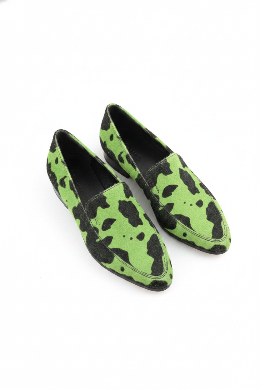 Bold Green Cow Print Slip-On Loafers