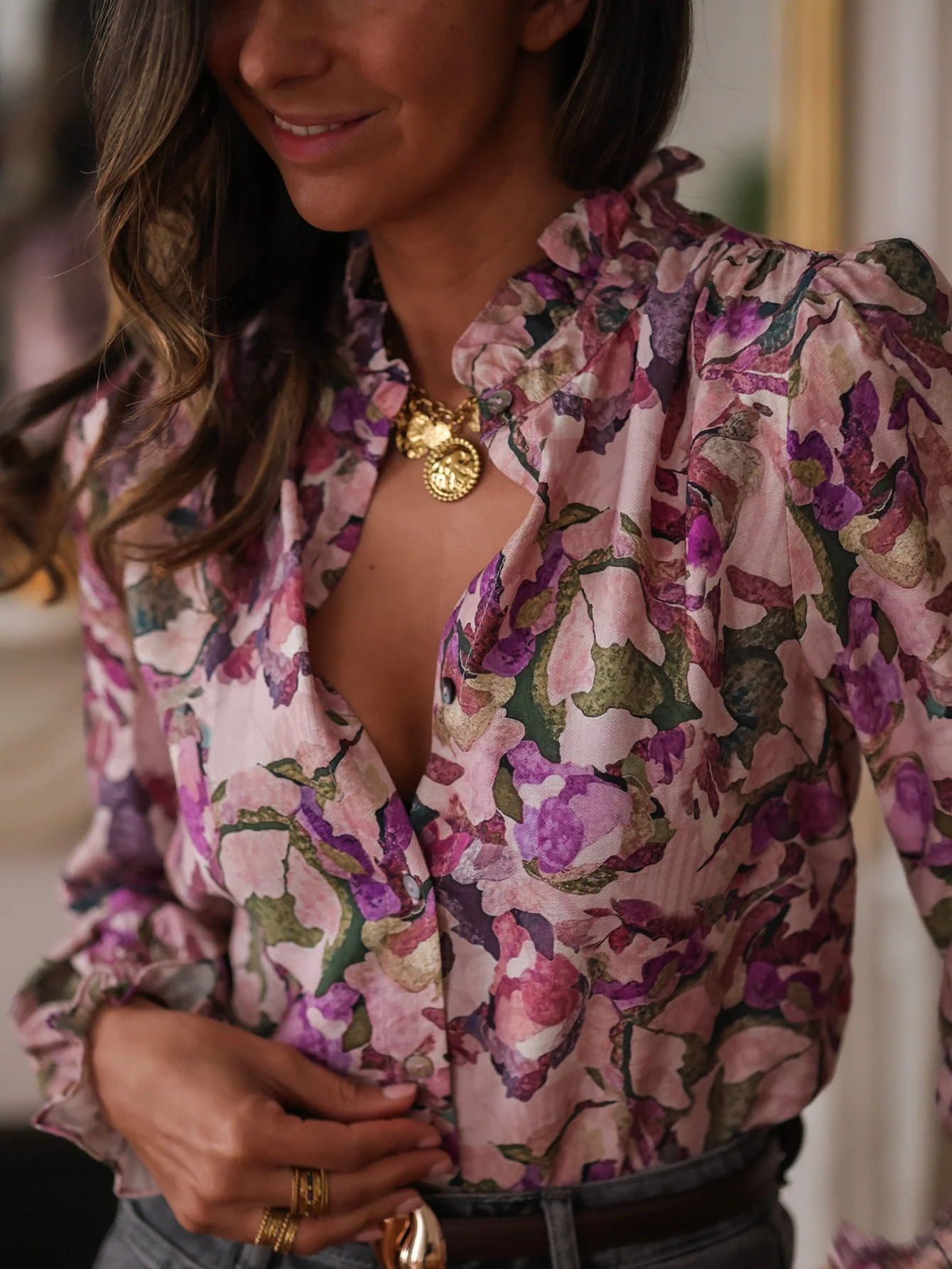 Botanical Print Ruffle Neck Puff Sleeve Blouse