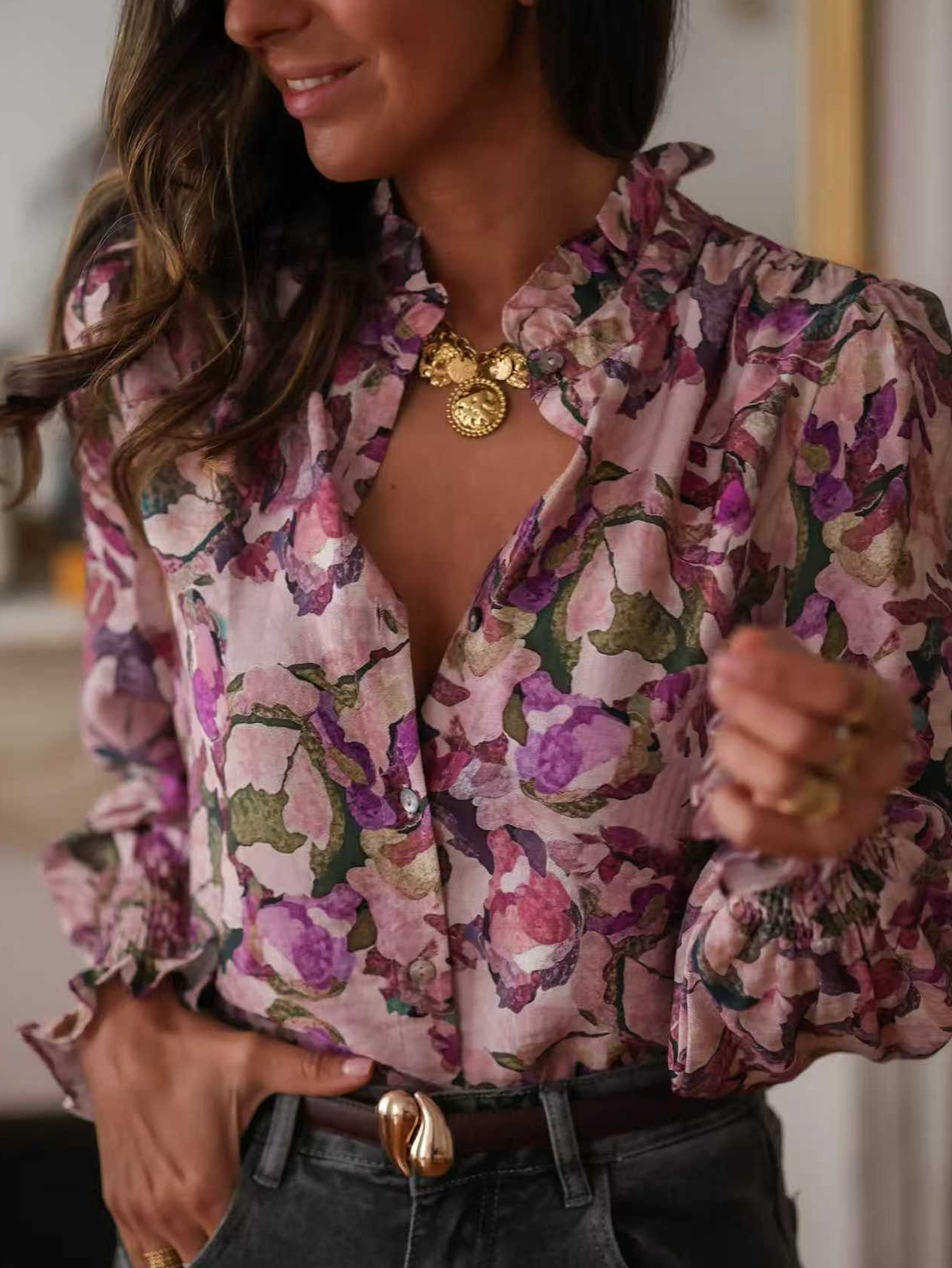 Botanical Print Ruffle Neck Puff Sleeve Blouse