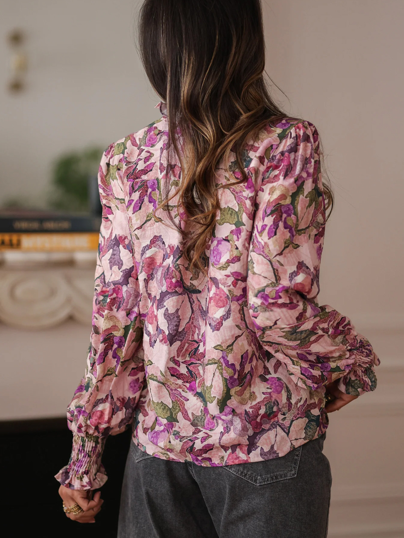 Botanical Print Ruffle Neck Puff Sleeve Blouse