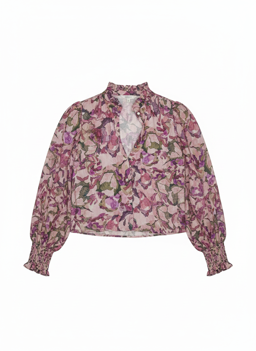 Botanical Print Ruffle Neck Puff Sleeve Blouse