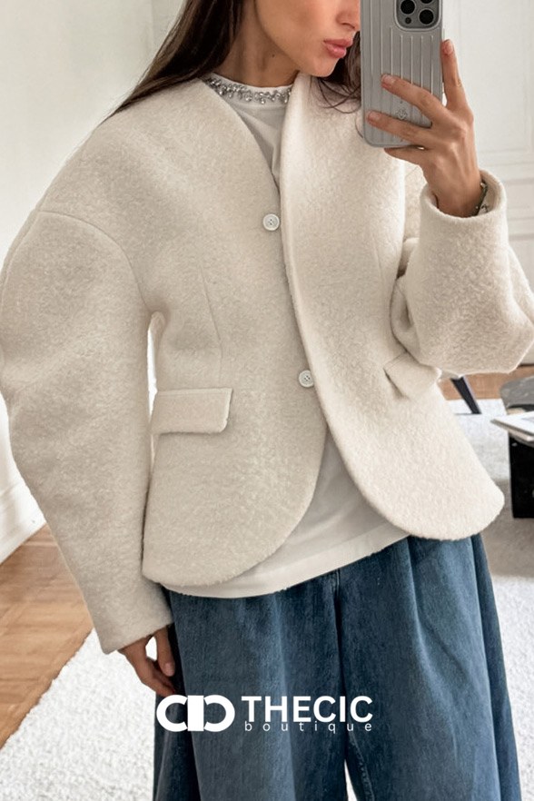 Textured Knit Collarless Two-Button Cropped Jacket
