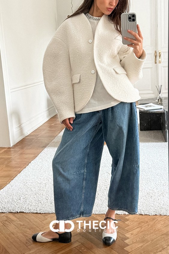 Textured Knit Collarless Two-Button Cropped Jacket
