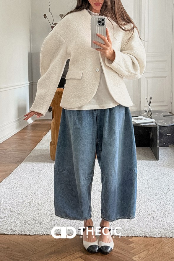 Textured Knit Collarless Two-Button Cropped Jacket
