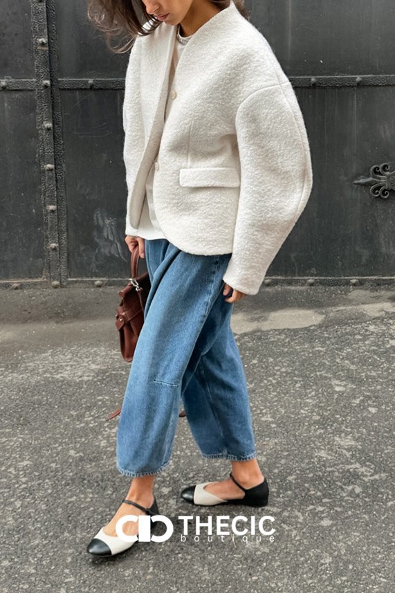 Textured Knit Collarless Two-Button Cropped Jacket