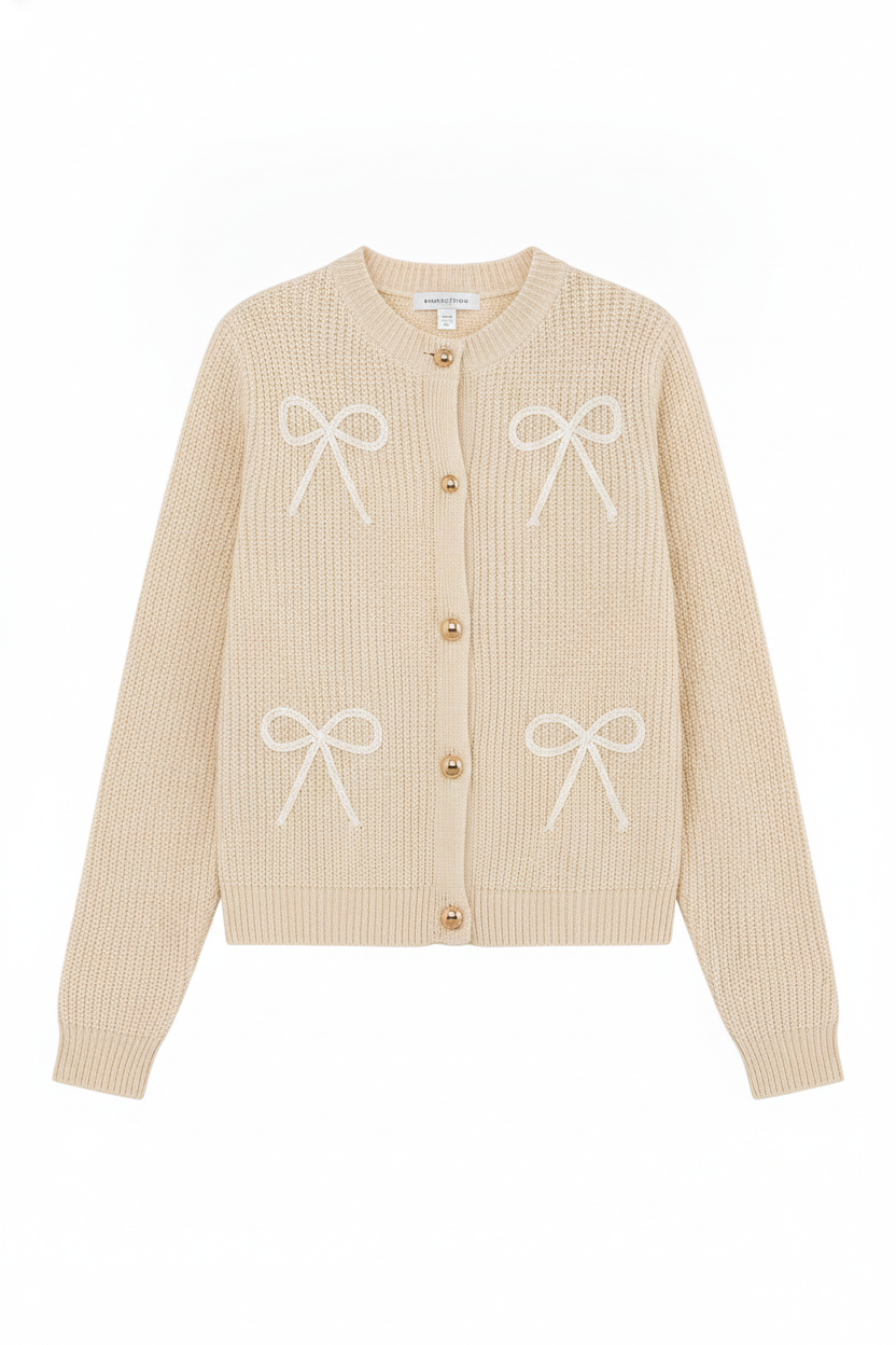 Bow-Embellished Knit Gold Button Cardigan