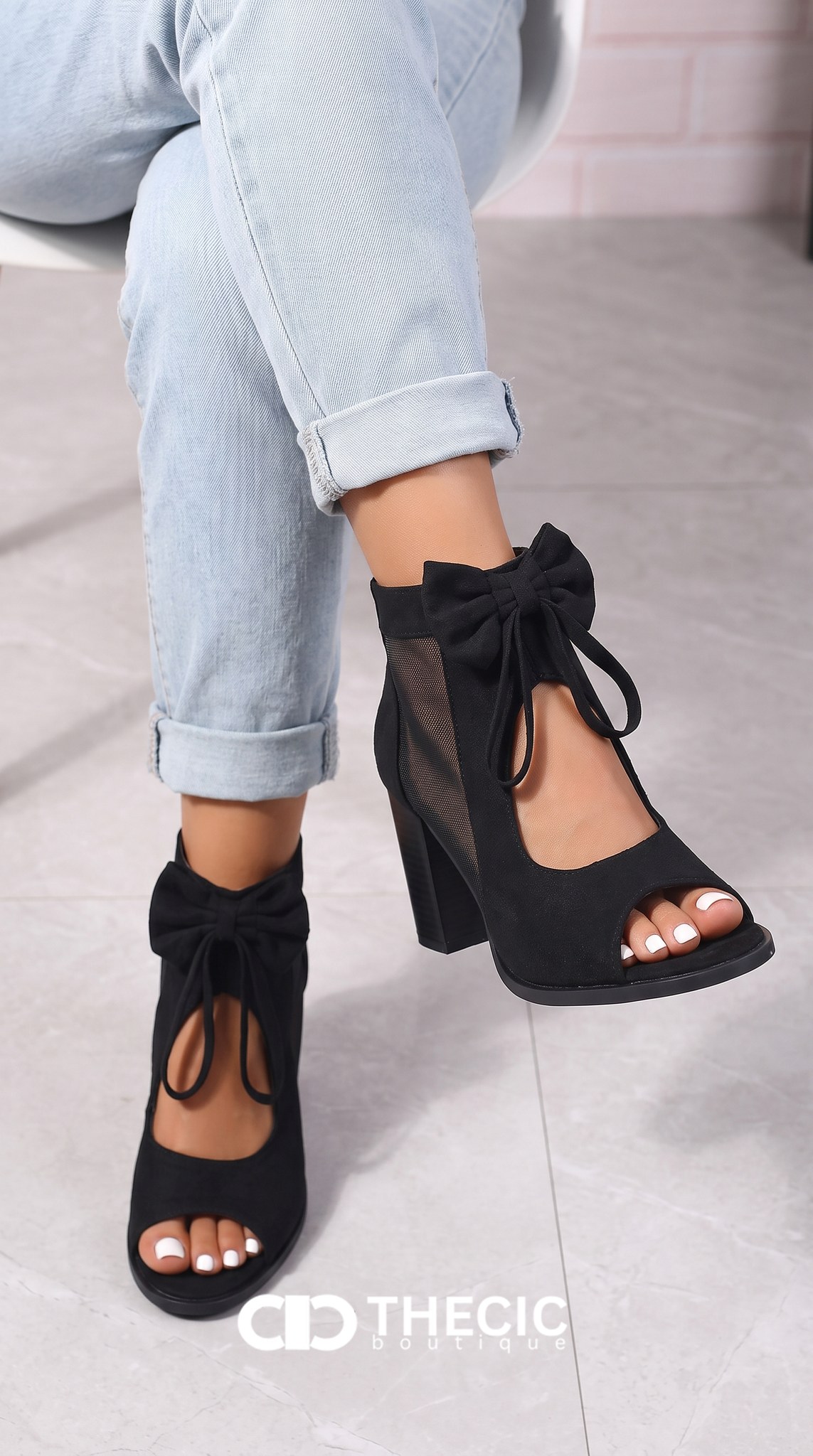 Bow Tie Mesh Panel Block Heel Sandals