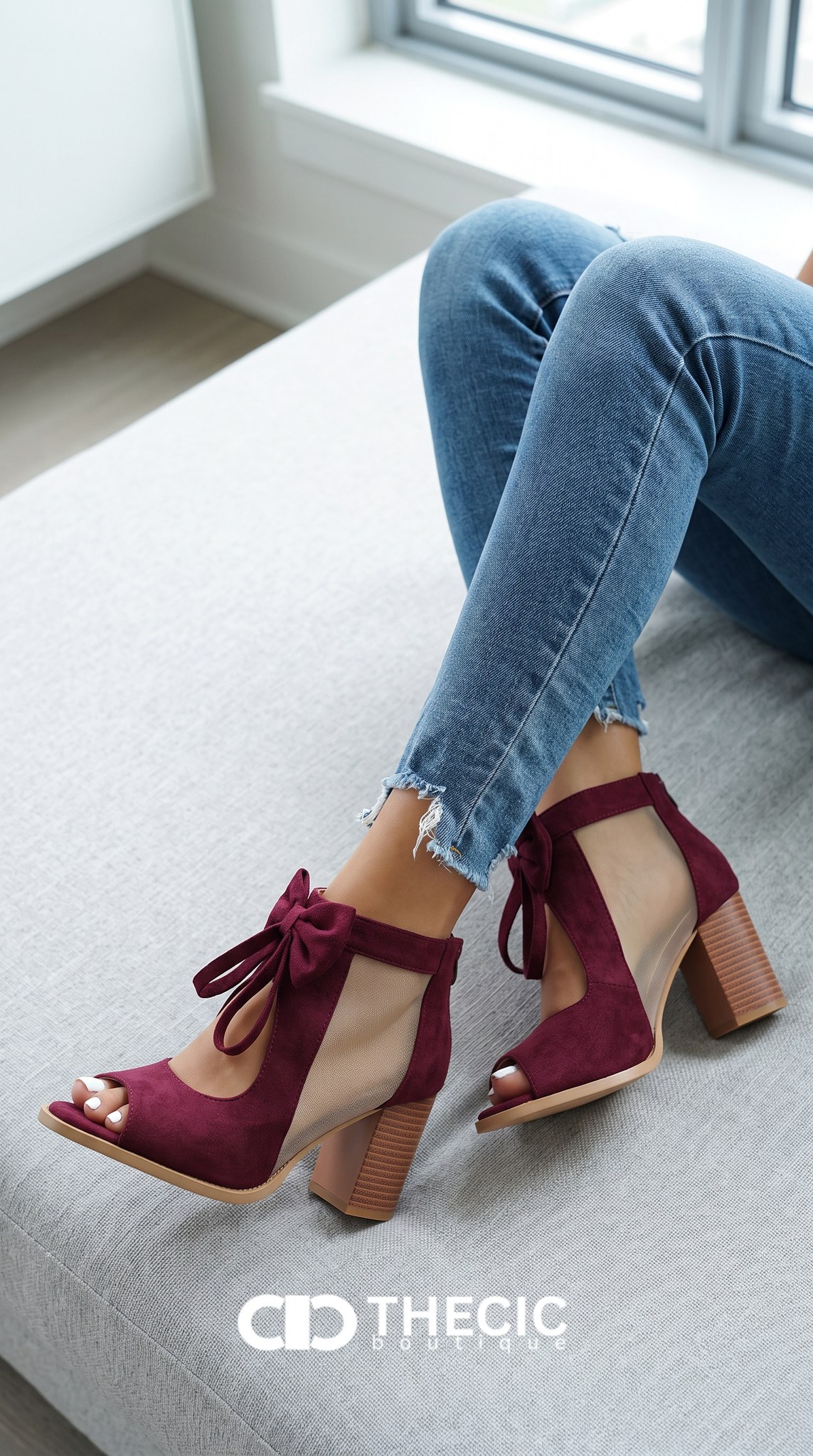 Bow Tie Mesh Panel Block Heel Sandals