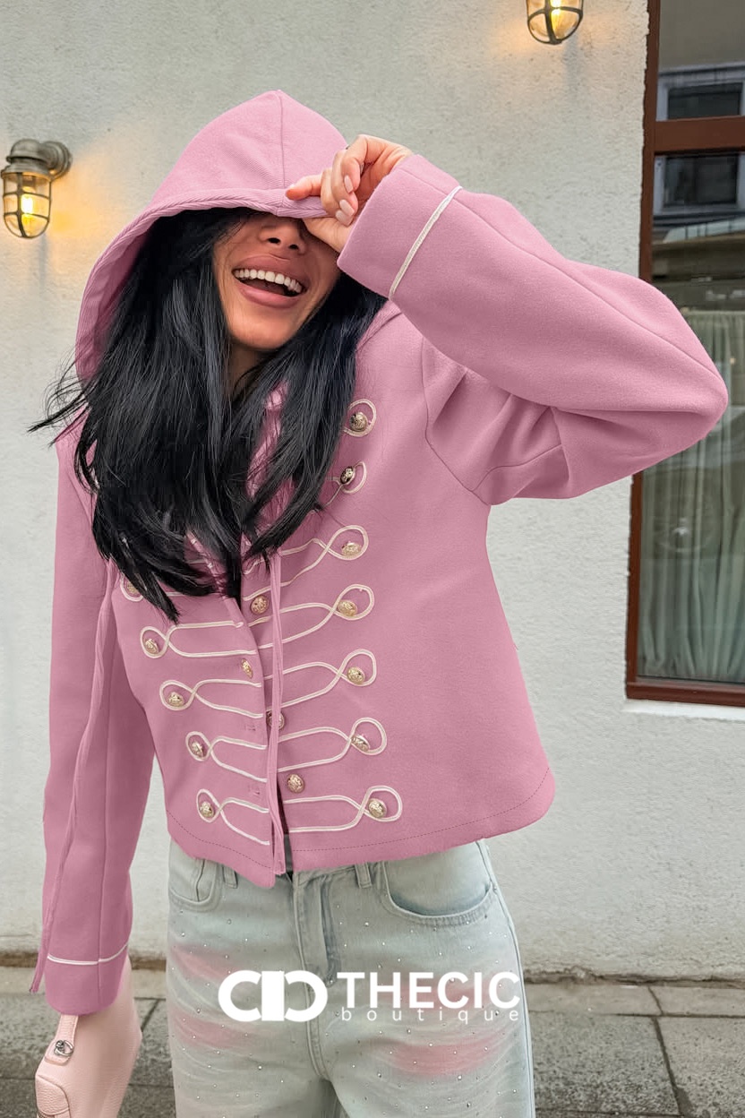 Braided Button Military Hooded Cropped Jacket