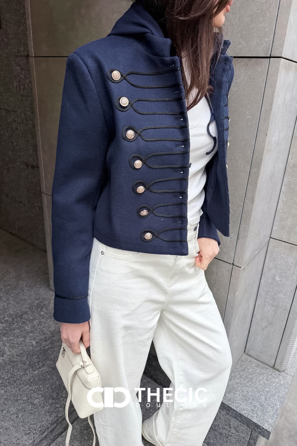 Braided Button Military Hooded Cropped Jacket
