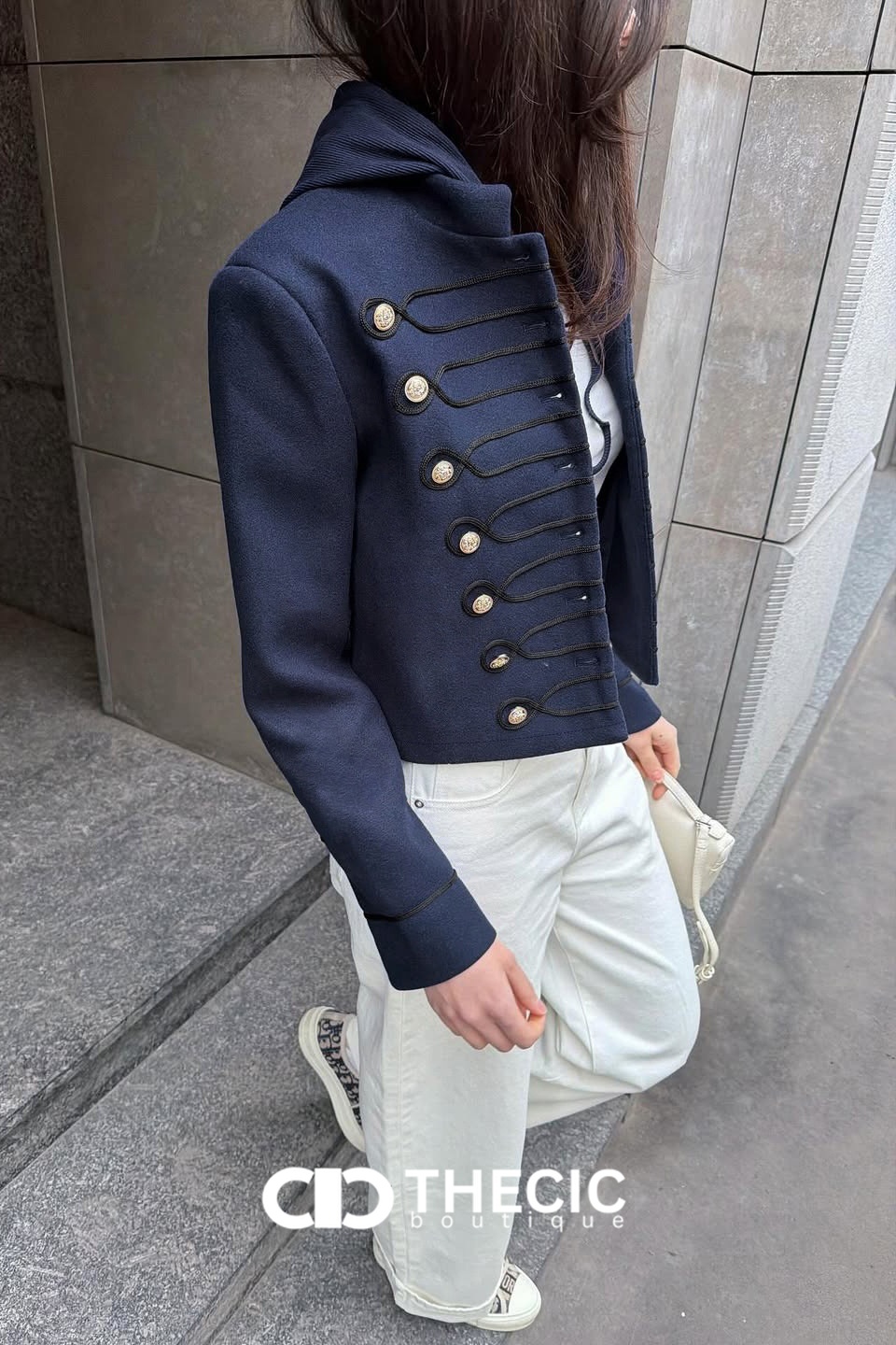 Braided Button Military Hooded Cropped Jacket