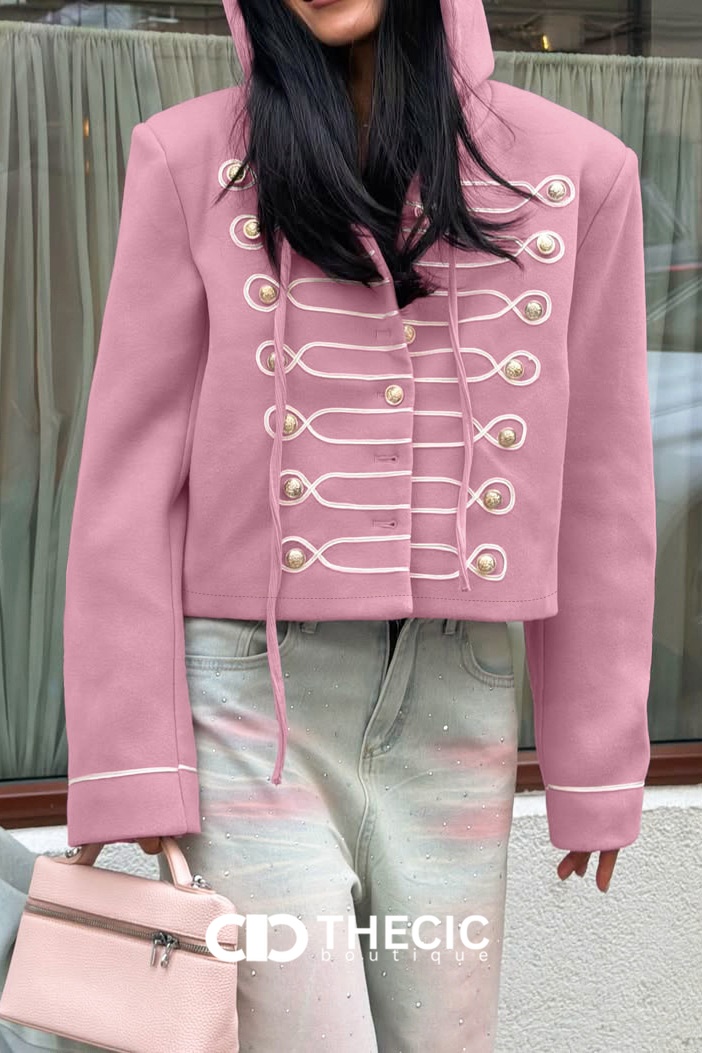 Braided Button Military Hooded Cropped Jacket
