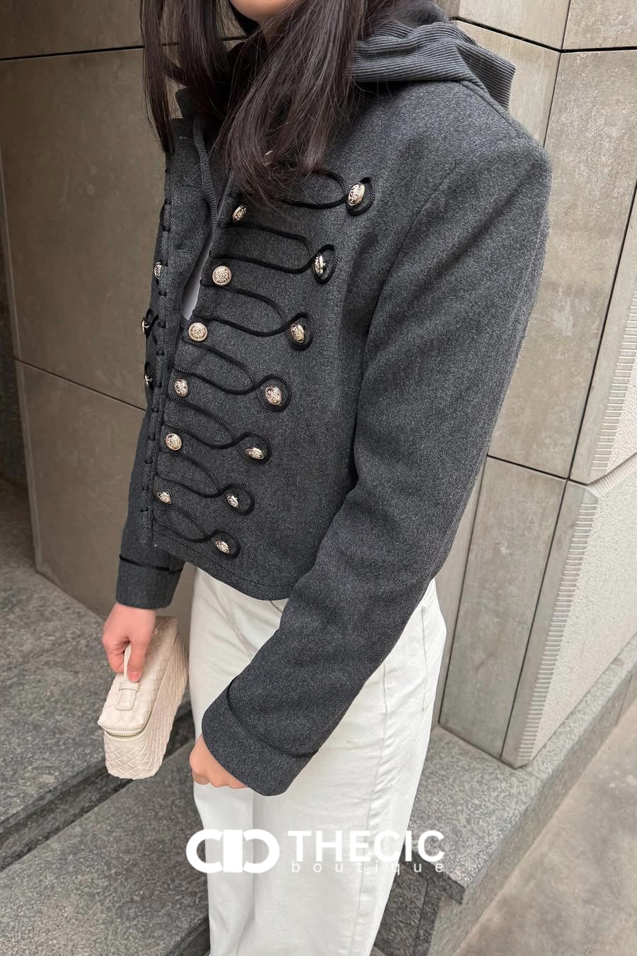 Braided Button Military Hooded Cropped Jacket