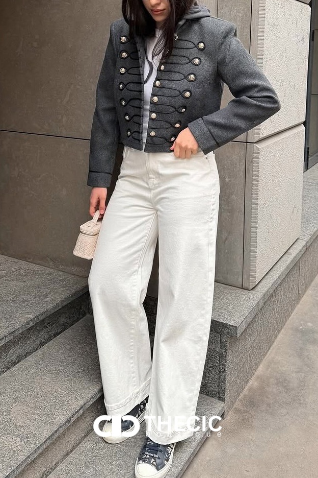 Braided Button Military Hooded Cropped Jacket
