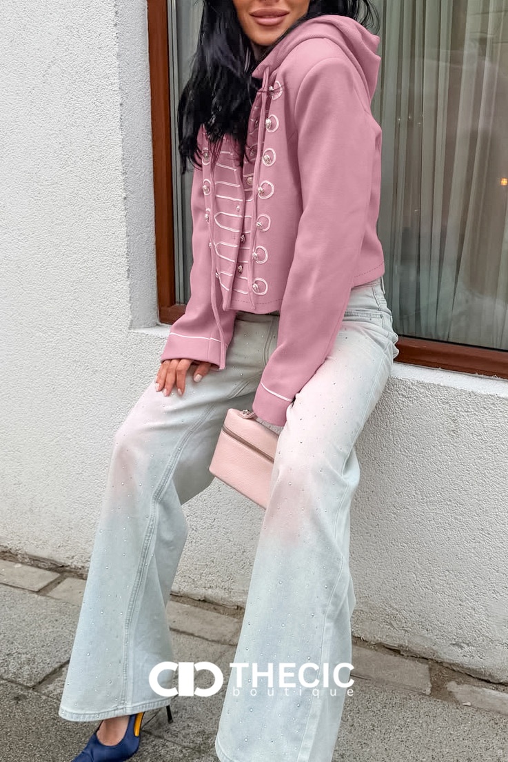 Braided Button Military Hooded Cropped Jacket
