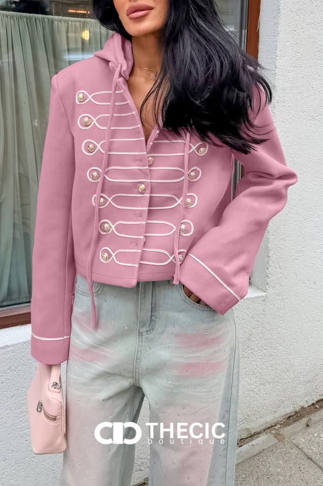 Braided Button Military Hooded Cropped Jacket