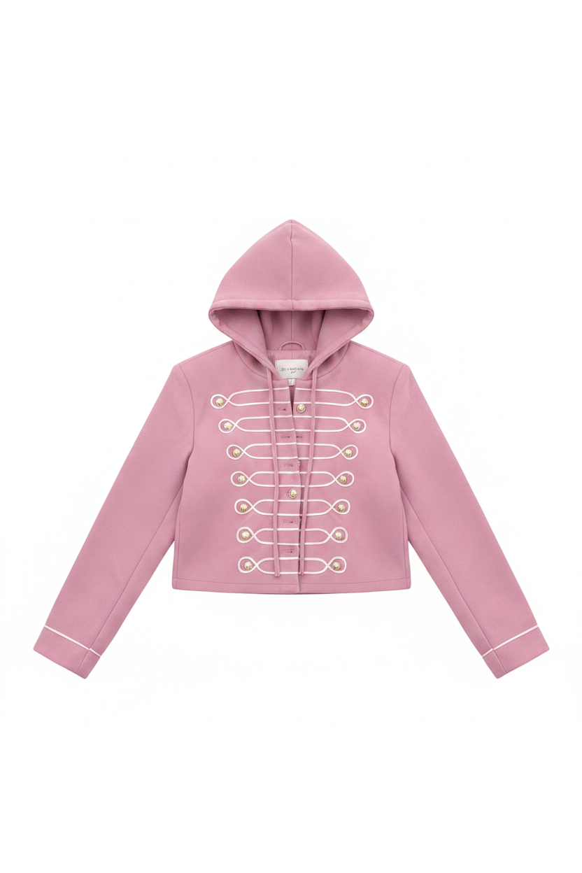 Braided Button Military Hooded Cropped Jacket