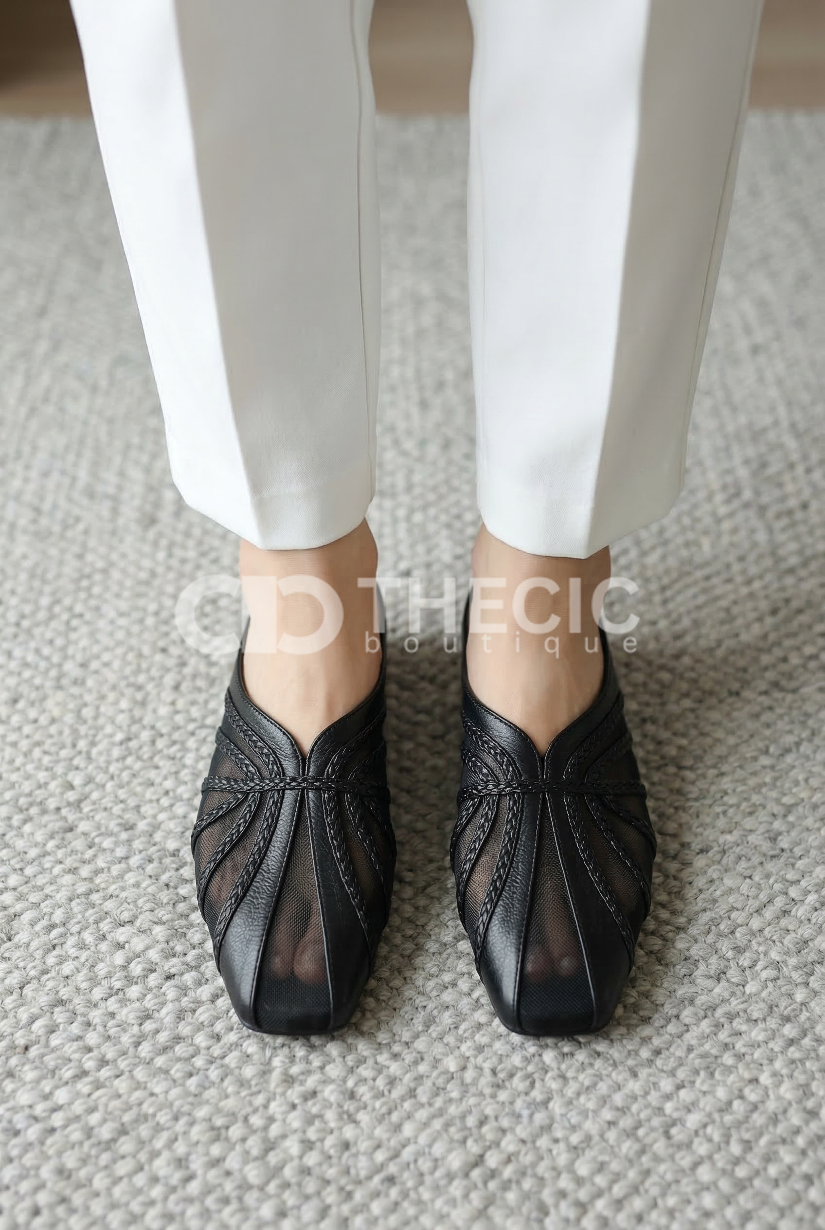 Braided Mesh Square-Toe Slip-On Mules