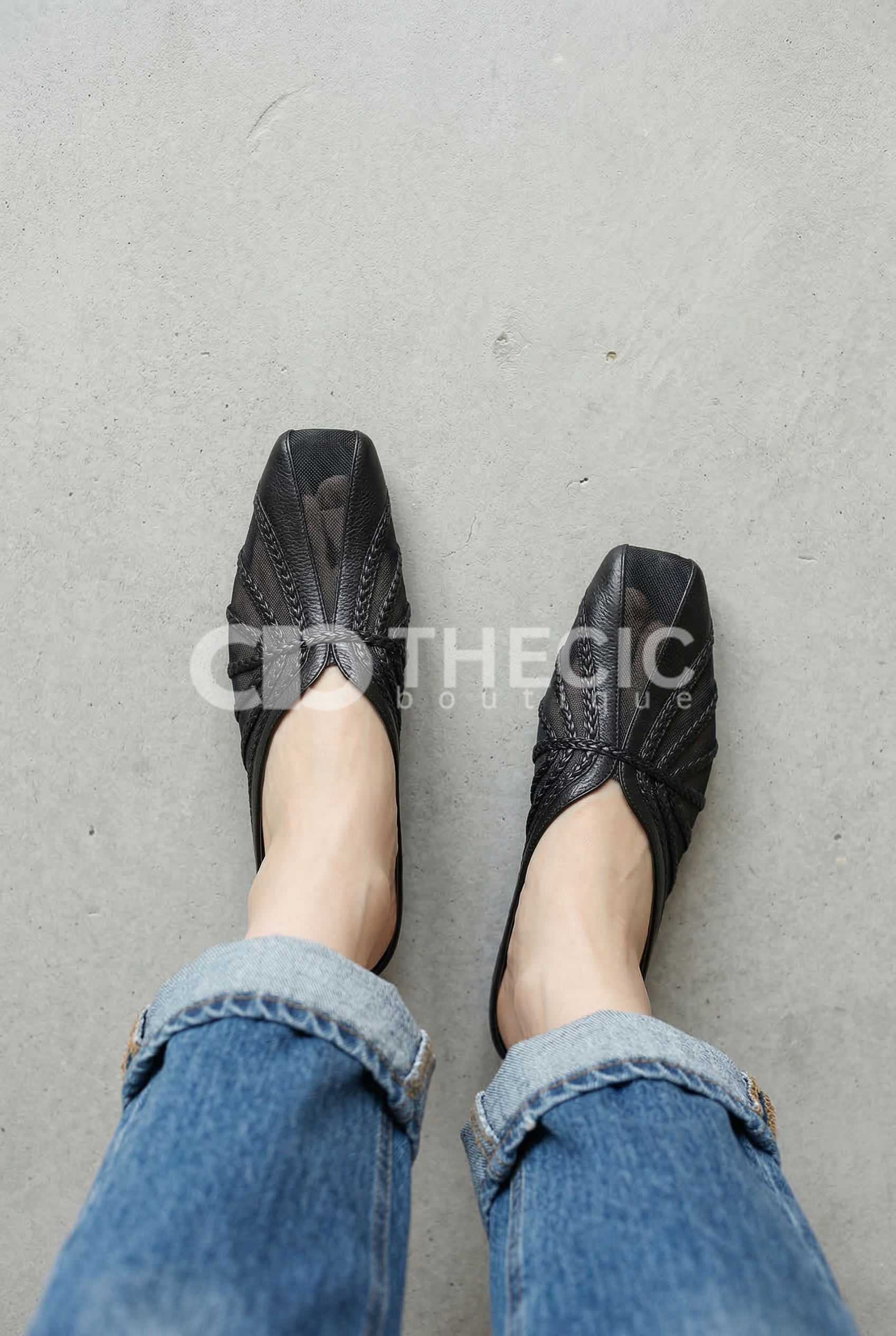 Braided Mesh Square-Toe Slip-On Mules